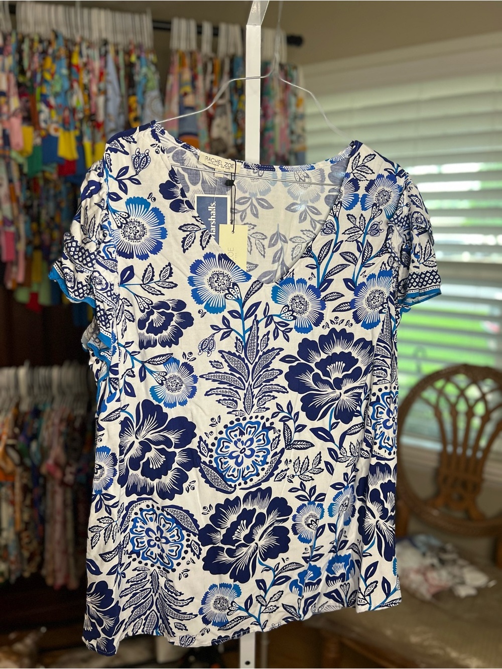 Rachel Zoe Blue & White Floral V-Neck Blouse